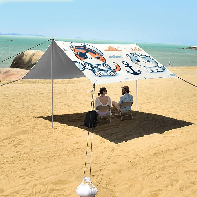 Cute Cat with Sailing Elements Camping Sun Shelter Beach Tent Portable Beach Sun Shade Outdoor Canopy for Camping Trips Fishing Picnic