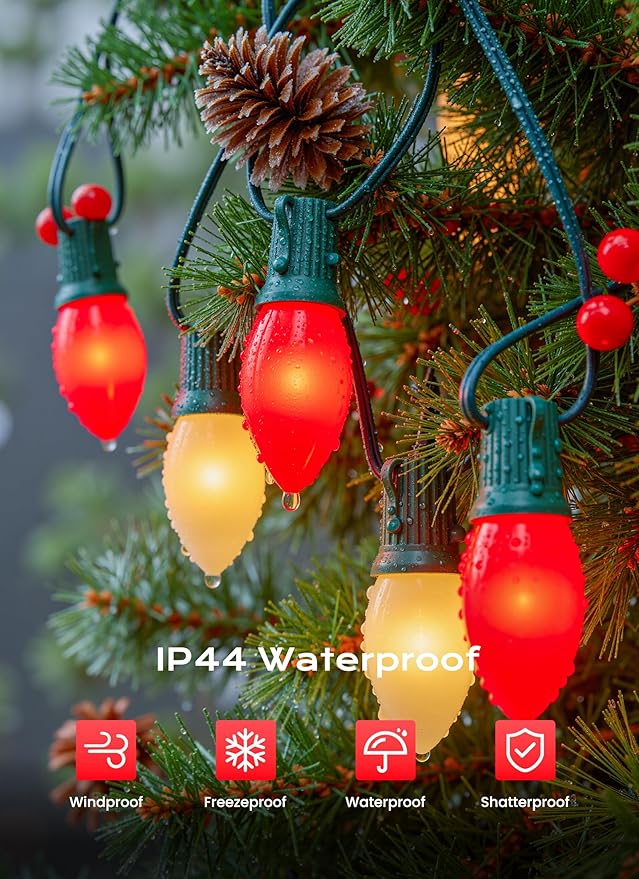 C9 LED Christmas Lights Outdoor 50 FT 50 Red and Warm White Connectable C9 String Lights for Christmas Tree Patio Roofline Garden Backyard Holiday Party Indoor Outdoor Decoration Green Wire