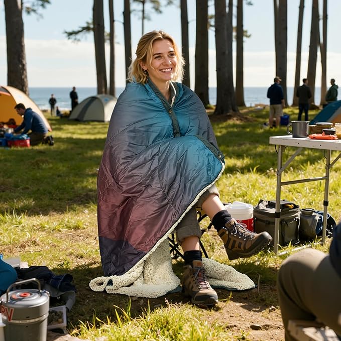 Outdoor Camping Blanket - Puffy Camping Blanket PackableSherpa Fleece Warm Blanket for Camping Outdoors Travel Stadium Festivals Beach Hammock 56x 78 Machine Washable DWR Lightweight