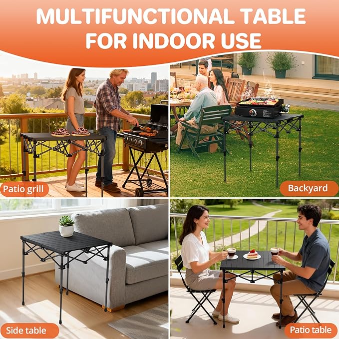 FUNYKICH Folding Camping Table(L26.4''xW22.8'') Aluminum Roll-up Portable Picnic Table with 2 Adjustable Height(17.3'' &amp 27.6'') for Picnic Camping BBQ Party Backyard Beach