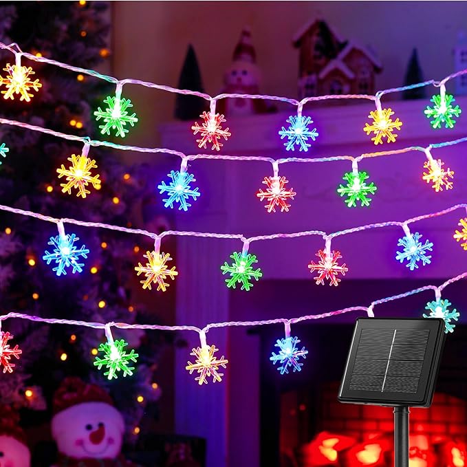 Brightown Solar Christmas Snowflake String Lights 72FT 200 LED Outdoor Waterproof Fairy Lights with 8 Lighting Modes for Wedding Party Tree Room Garden Patio Yard Home Muliticolor