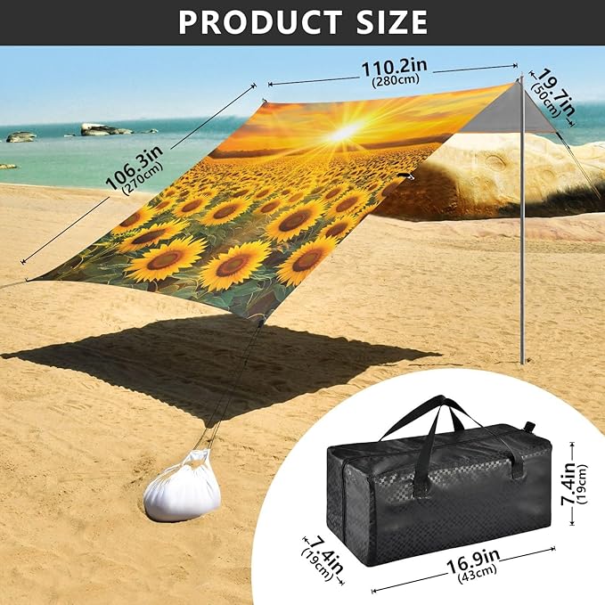 Bolaz Beach Canopy Tent Sun Shade9'×10.5' Large Family Beach Shade UPF50+- Outdoor Shade for Camping Trips FishingSunflower Field