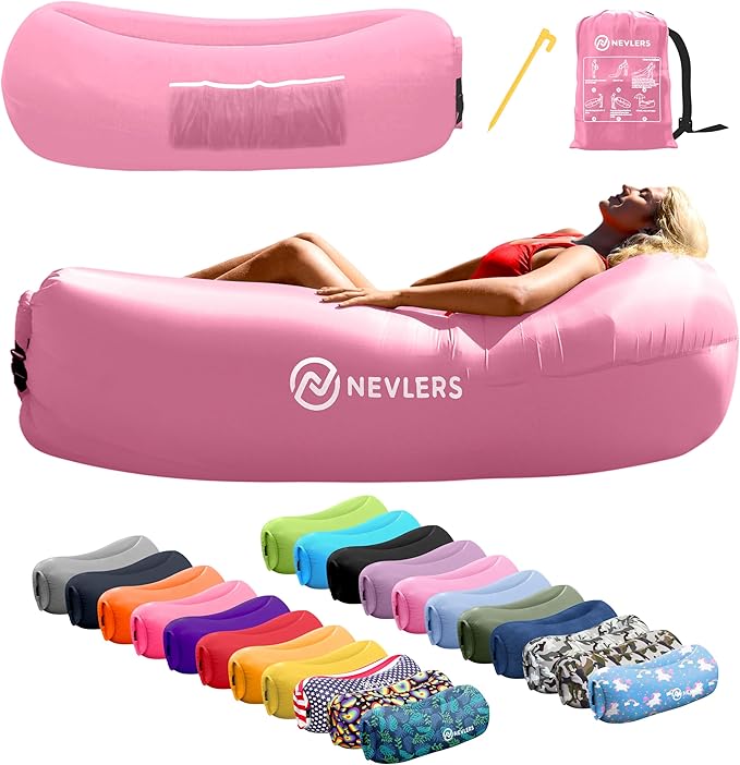 Nevlers Bubblegum Pink Inflatable Lounger | No-Pump Air Couch | 210T Polyester Outdoor Couch for Use as Portable Hammock &amp Beach Chairs | Blow Up Chair w/ 450 lbs. Capacity Pockets &amp Carry B