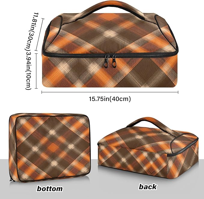 Casserole Carrier Orangeand Brown Tartan Plaid Insulated Casserole Carrier for Hot or Cold Food Thermal Lunch Tote for Parties Picnic Travel Carry Bag