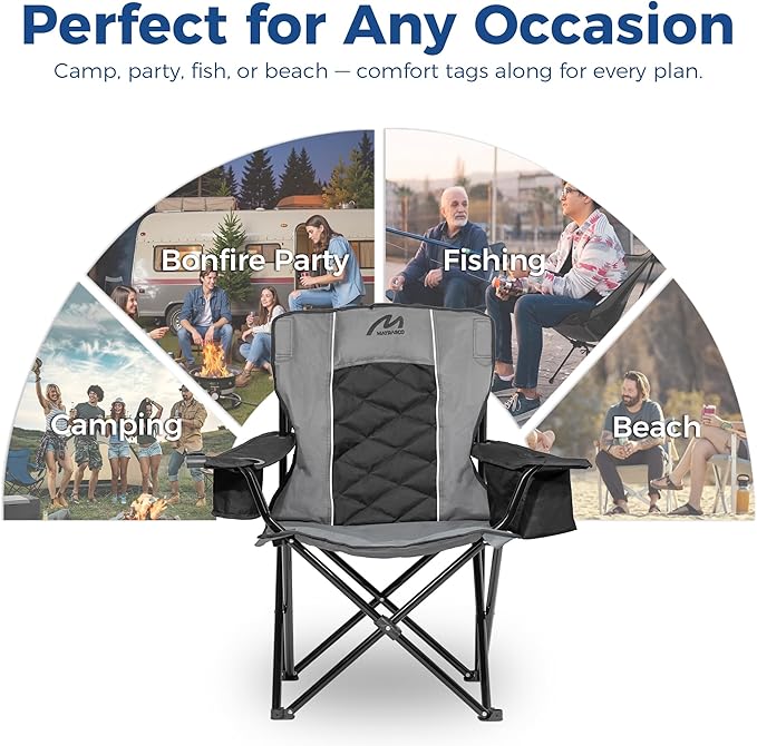 Oversized Padded Camping Chair Heavy Duty Steel Frame 450 lb Capacity Folding Camp Chair with 6-Can Cooler Carry Bag for Outdoor Camping Beach Hiking(Gray &amp Black)