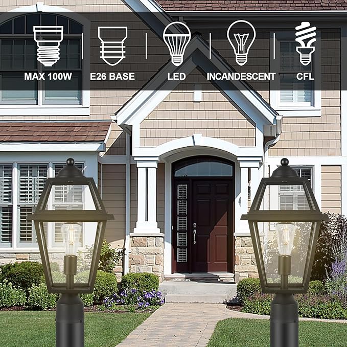 Large Outdoor Post Light Fixture Colonial Exterior Pillar Lantern with Black Finish &amp Clear Glass Vintage Pier Mount Pole Light Lamp for Garden Backyard Courtyard Patio Pathway Walkway