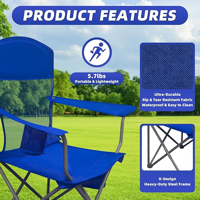 Outdoor Folding Camping Chair with Insulated Cooler Padded Seat and Back Cup Holder Storage Pockets Lightweight Portable Chair with Carry Bag for Camping Beach Lawn and Backyard (Blue)