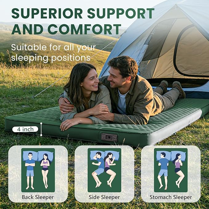 Self Inflating Double Sleeping Pad for Camping with Electric Pump 4 Inch Ultra Thick Memory Foam 2 Person Inflatable Sleeping Pad All Season Full Size Portable Camping Mattress for TravelTent (Green)