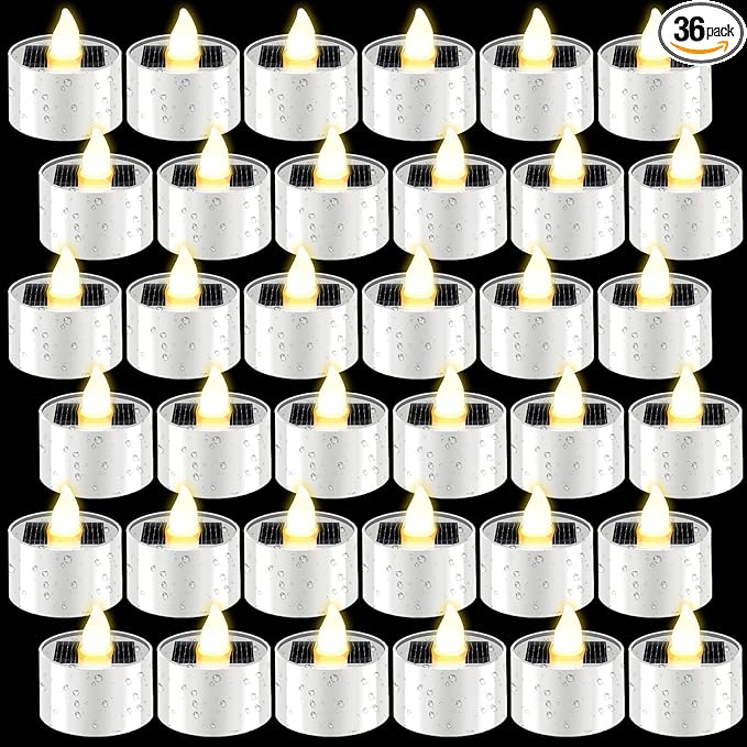 36 Pcs Solar Tea Lights Bulk Outdoor Waterproof Rechargeable Dusk to Dawn Lighting Small Valentine's Day Flameless Flickering LED Votive Candles for Garden Patio Party Lanterns (Warm White)