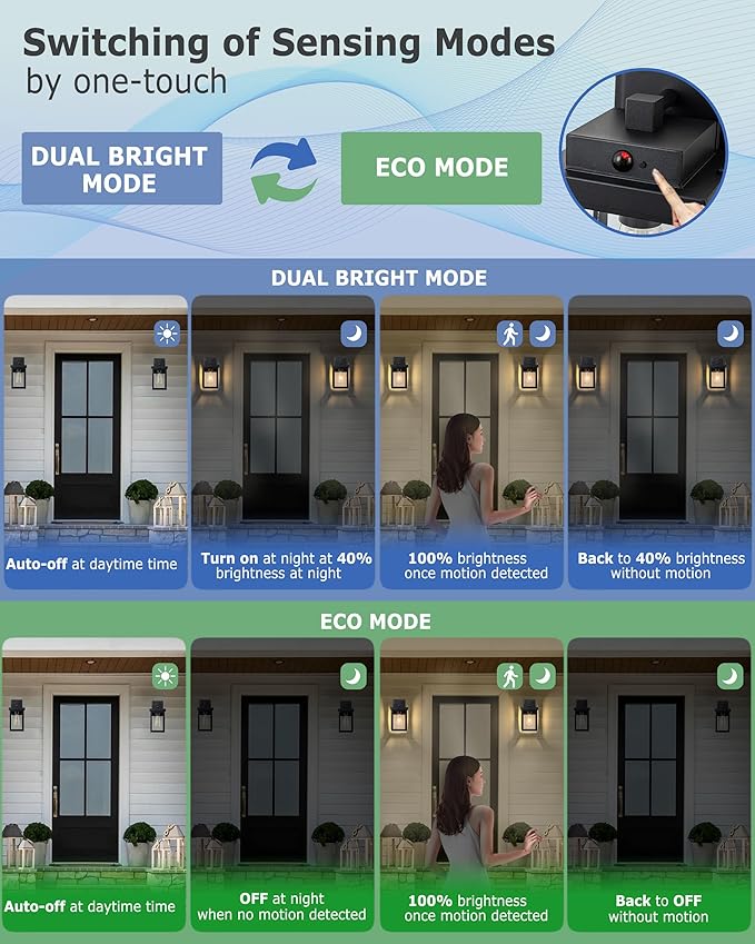 Motion Sensor Outdoor Wall Lights Dusk to Dawn Front Porch Light Fixture Patio Wall Lantern Exterior Sconce Lighting Wall Mount for House 2 Packs