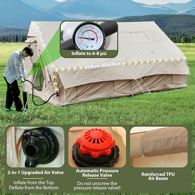 Nice C Inflatable Tent for Camping Glamping Tent for Adults Blow Up Tents with Air Pump 2-in-1 Air Valve Chimney Opening Waterproof Windproof Easy Set Up
