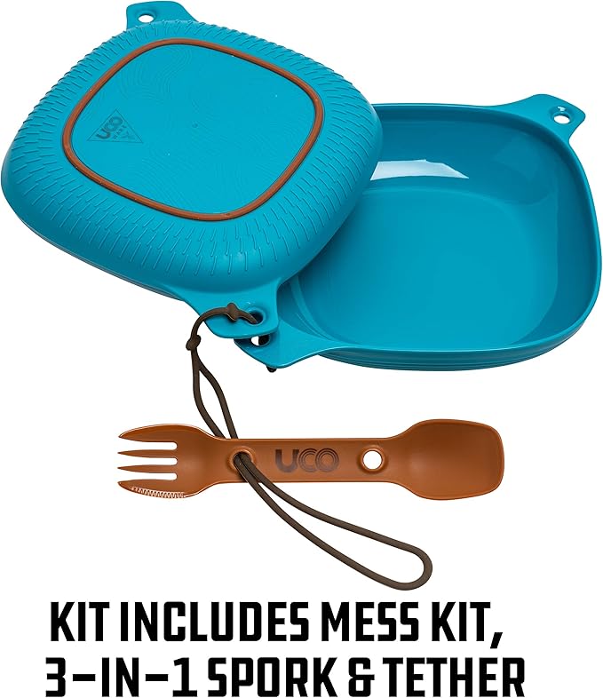 UCO 4-Piece Camping Mess Kit with Bowl Plate and 3-in-1 Spork Utensil Set Classic Blue