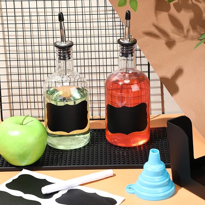 6 Sets 16 oz Plastic Long Neck Bottles with Pourers Caps Mats for Bartending Plastic Bar Caddy Organizer for Bar Supplies Liquor Juice Store Syrup Bottles Pourers
