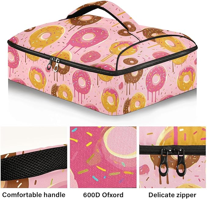 Casserole Carrier Pink DoughnutInsulated Casserole Carrier for Hot or Cold Food Thermal Lunch Tote for Potluck Parties Picnic Beach Fits 9 x 13 Inches Baking Dish