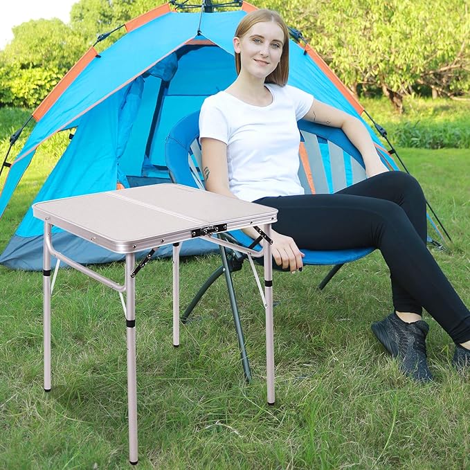 REDCAMP Small Square Folding Table 2 Foot Adjustable Height Portable Aluminum Camping Table Lightweight for Picnic Beach Outdoor Indoor White 24 x 24 inch