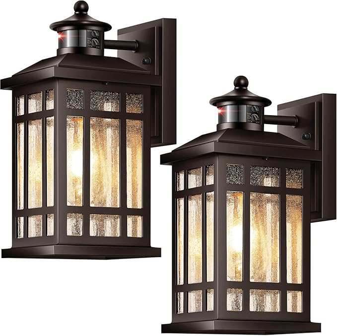 Porch Lights Outdoor with Motion Sensor 2 Packs Oil Rubbed Bronze Outside Lantern Fixtures Wall Mount Aluminium Anti-Rust Exterior Wall Light Dusk to Dawn Coach Light for Garage Patio Entry