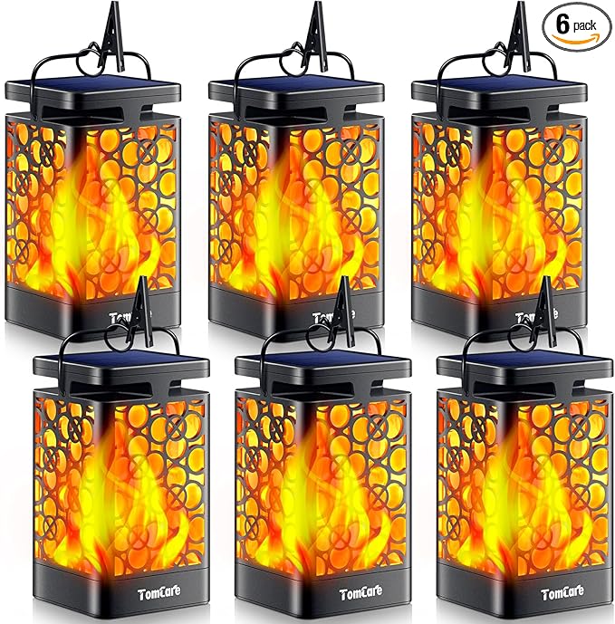 TomCare Solar Lanterns Outdoor Upgraded Flickering Flame Waterproof Hanging Lanterns Decorative Solar Powered LED Lights for Patio Deck Yard 6 Pack