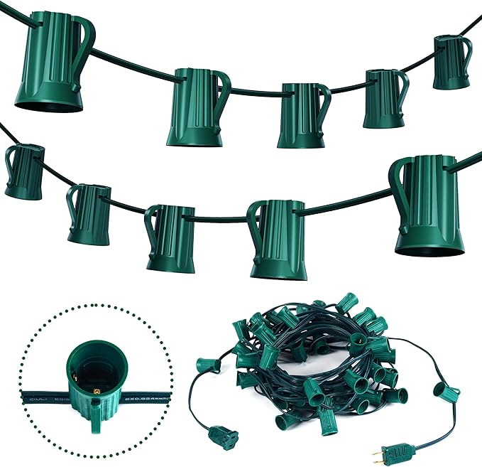 Brightown C9 Light Strand 50FT Green Cord Outdoor String Lights Christmas Stringer with 12 Socket Spacing C9/E17 Intermediate Base Indoor/Outdoor Stringer Set for Christmas Decor Patio