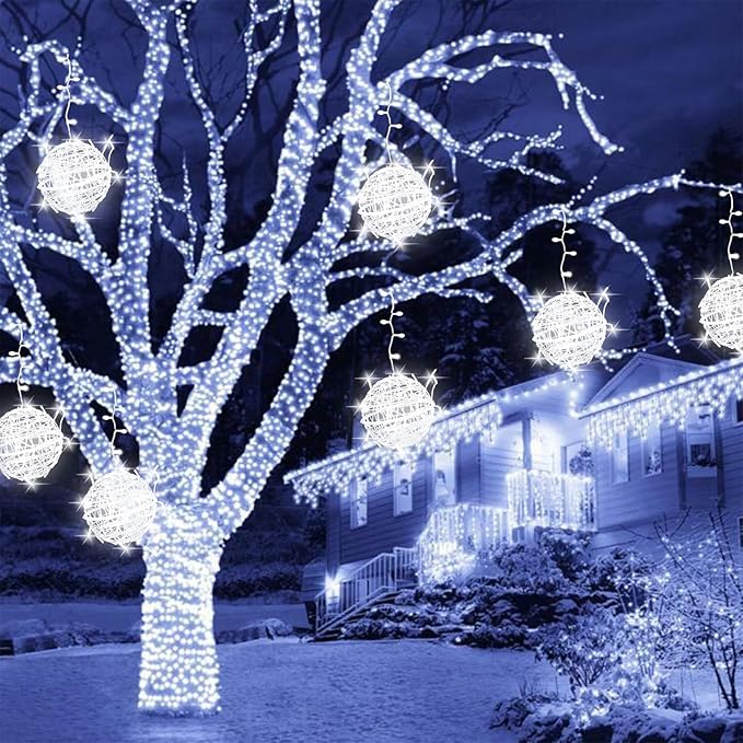 Outdoor Christmas Balls Lights Tree Lights Waterproof 4 Pack 7.87 LED Hanging Globe Sphere Lights with 8 Lighting Modes Memory Timer Plug for Party Wedding Xmas Porch Patio Garden Yard Decorations