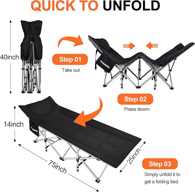 Camping cots for AdultsCots for SleepingCushion and Pillow Camping Tent cotHigh Weight Capacity Compact Storagewith Carry BagIdeal for Outdoor Camping Office useNapping Beach Trips
