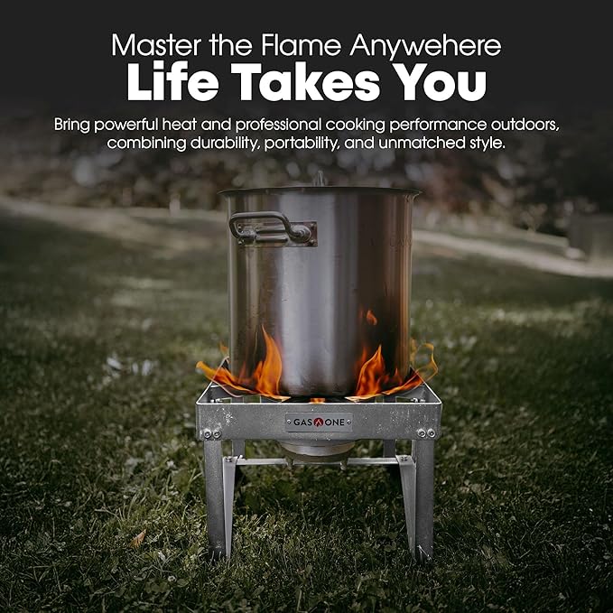 GasOne Stainless Steel Outdoor Propane Burner – High Pressure Camp Stove with Adjustable Regulator &amp Steel-Braided Hose