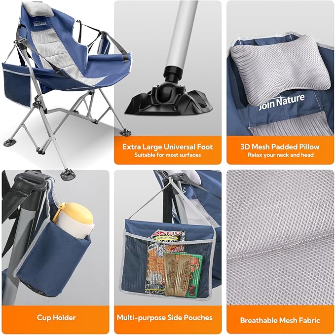 Oversized Hammock Camping Chairs Folding Swing Chair with 1-Step Design Swinging Hammock Chair with Adjustable Backrest Lumbar Support &amp Headrest for Outdoor&ampIndoor Support 400LBS Blue