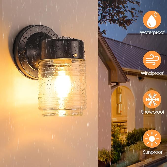 Jelly Jar Outdoor Wall Lantern Black Exterior Waterproof Wall Mount Lighting Fixture Anti-Rust Front Door Sconce with Clear Ribbed Glass E26 Socket Lights 2 Pack