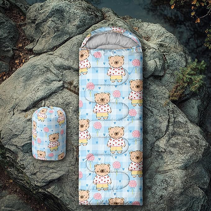 Cute Bear Sleeping Bag for Girls KidsKawaii Milk Tea Waterproof Portable Camping Bag3 Season Warm Cool Weather Lightweight Compact Camping Essentials Gear for Travelling Hiking Yellow
