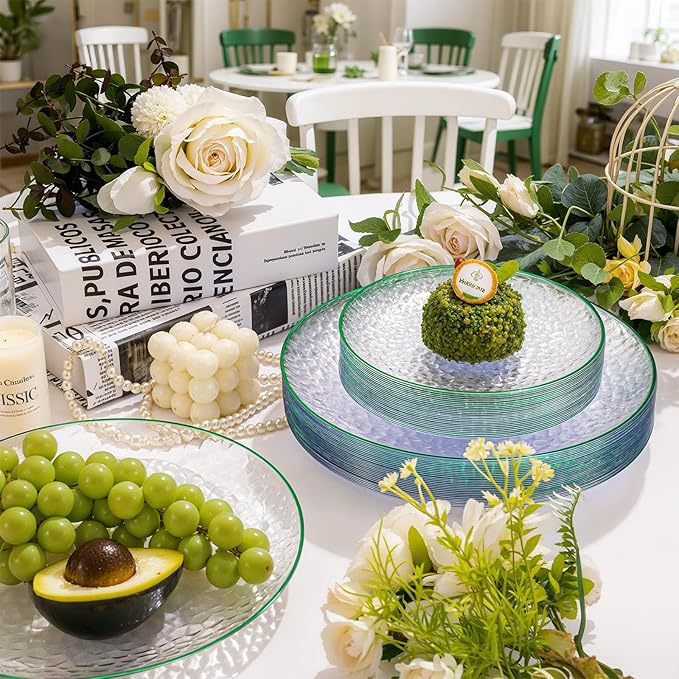 Rubtlamp 60Pcs Plastic St Patricks Day Plates Plates Clear Plastic Disposable Plates With Green Rim Green Heavy Duty Fancy Hammered Party Plate Include 30 Dinner Platos30 Salad Platos for Easter