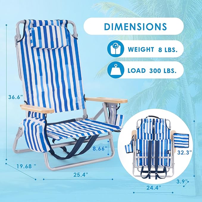 Low Profile Reclining Beach Chair for Adults Supports 300lbs| Oversized Backpack Beach Chair with 5 Adjustable Positions for Outdoor Concert Travel Festival Camping