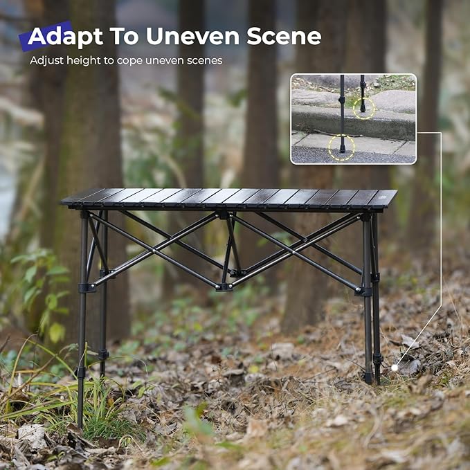 Camping Table Folding Portable Camp Aluminum Fold Up Lightweight Roll Up Table Adjustable Height with Carry Bag Indoor Outdoor for Camping Picnic Backyard BBQ Patio Black