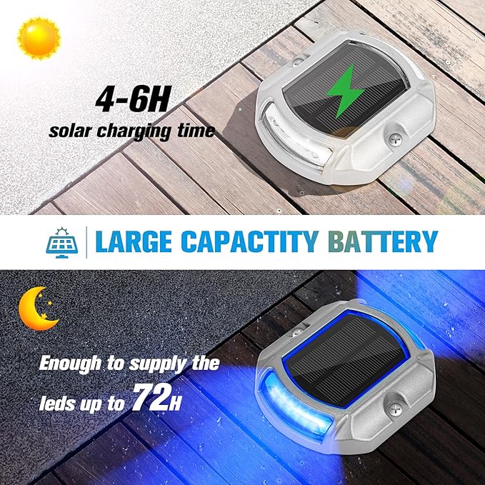 VOLISUN Solar Driveway Lights Dock Deck Lights 4-Pack2 Colors in 1 LED Solar Powered Waterproof Outdoor Warning Step Light for Driveway Sidewalk Pathway (White/Blue)Auto On/Off