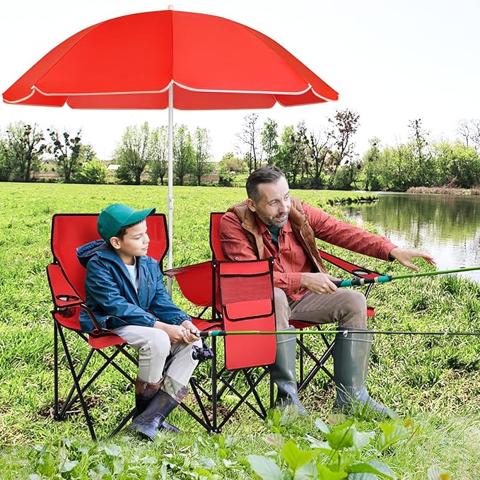 Giantex Double Camping Chair with Umbrella - Folding Picnic Loveseat with Carrying Bag Cooler Bag Table Side Pocket &amp Cupholder Portable Beach Chair for Camping Picnic Fishing Beach