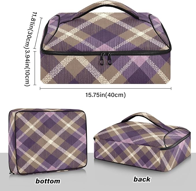 Casserole Carrier Purple and Brown Tartan Plaid Insulated Casserole Carrier for Hot or Cold Food Thermal Lunch Tote for Parties Picnic Travel Carry Bag