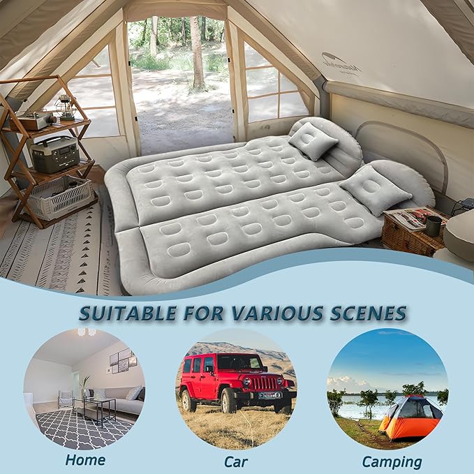 SUV Air Mattress for Camping Air Mattress for Car Compatible with SUV Camping Bed with Pump Inflatable Sleeping Pad for Car Backseat Truck Travel Bed for Road Trip (Grey)
