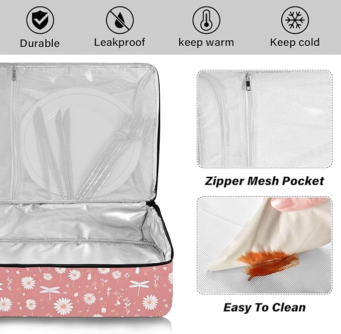 Casserole Carrier Daisies Mushrooms and DragonfliesInsulated Casserole Carrier for Hot or Cold Food Thermal Lunch Tote for Potluck Parties Picnic Beach Fits 9 x 13 Inches Baking Dish