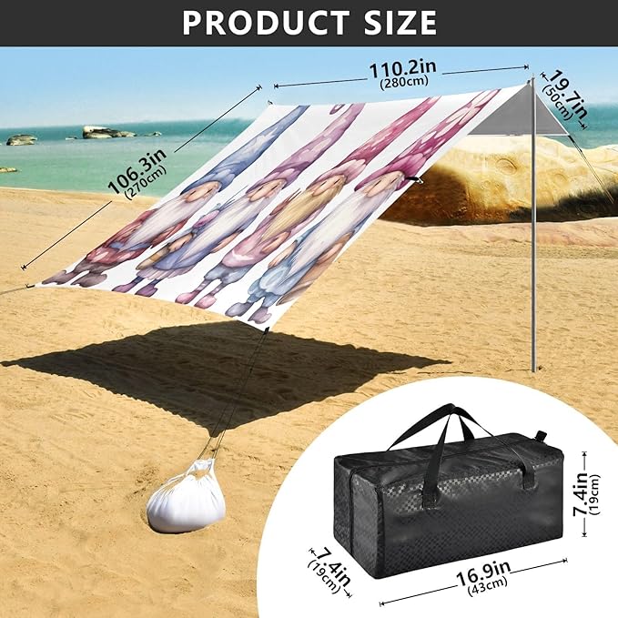 Cute Gnomes Beach Tent Sun Shelter 9.2' x 10.5' Beach Canopy with 4 Sandbags 4 Stability Poles Sand Shovels - Tent Canopy for Beach Camping Fishing Picnics
