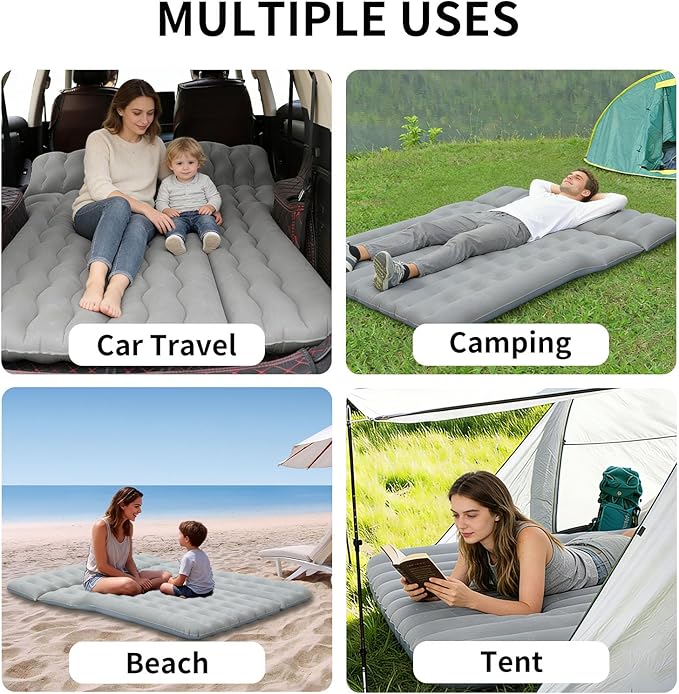 Car Air Mattress Inflatable SUV Truck Camping Mattress for Back Seat Thickened Travel Car Bed Sleeping Pad with Air Pump 2 Pillows (SUV-Grey SUV Air Mattress)