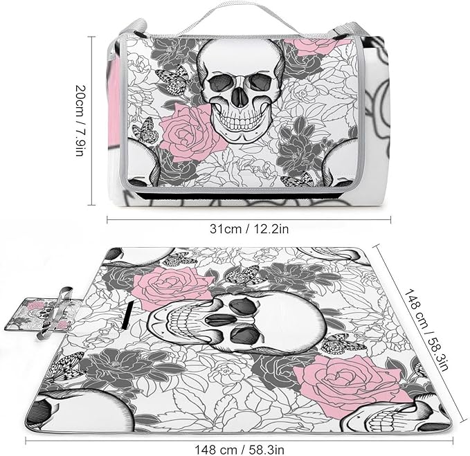 Black and White Gothic Skull Damask Pattern Waterproof Outdoor Picnic Blanket Sandproof Beach Mat for Camping Hiking Grass Travelling
