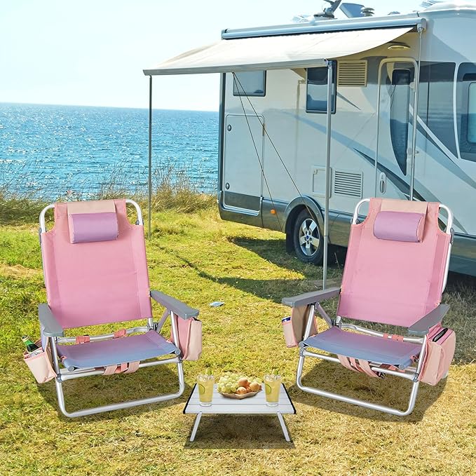 Tangkula Backpack Beach Chair with Table 5-Position Lay Flat Chairs with Cooler Bag 2 Cup Holders Towel Bar Lightweight Low Folding Chair with Backpack Straps Pink