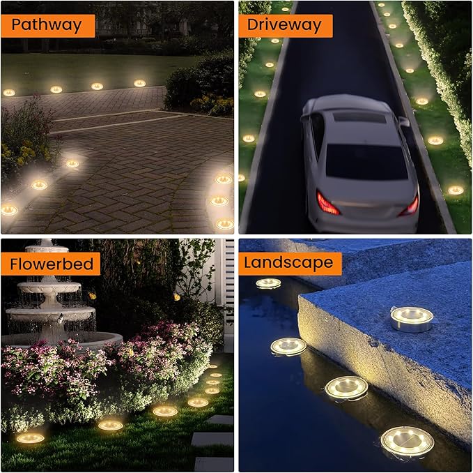 Siatom Stainless Steel Solar Ground Lights 8 Pack IP68 Waterproof Solar In-Ground Light for Outdoor Flat Landscape Lighting Garden Disc Light for Pathway Walkway and Yard - 8 Pcs (Warm White)