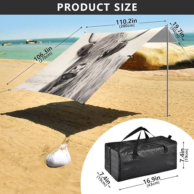 Highland Cow Gray Beach Tent Sun Shelter 9.2' x 10.5' Beach Canopy with 4 Sandbags 4 Stability Poles Sand Shovels - Tent Canopy for Beach Camping Fishing Picnics