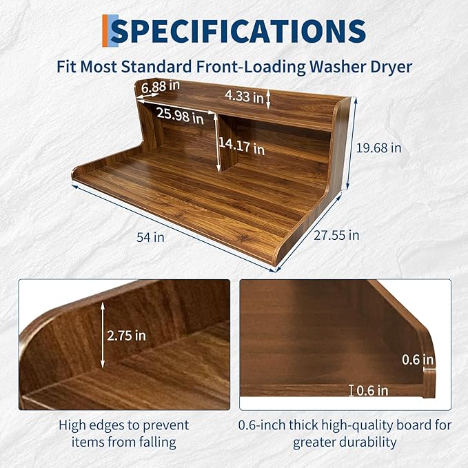 2 Tier Washer Dryer Countertop with Shelf54x27.5in Waterproof Wood Organizer Rack with StorageSpace-Saving Leader for Laundry RoomWalnut