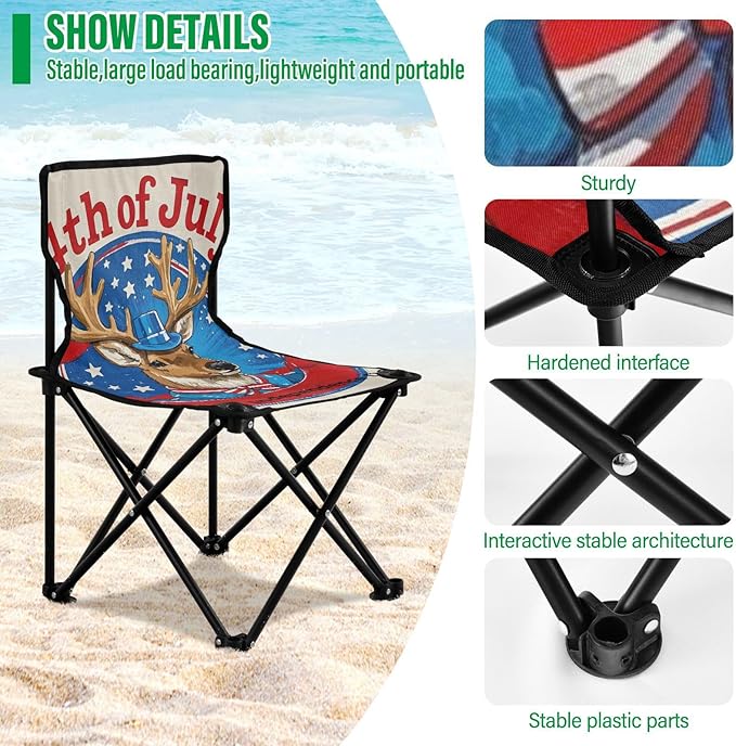 4th of July Independence Day Red and Blue Elk Compact Beach Chairs for Adults Ultra Lightweight Backpacking Chair Includes Carry Bag Lawn Chair for Lawn Camp