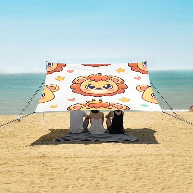 Cute Cartoon Little Lion's Face Camping Sun Shelter Beach Tent Portable Beach Sun Shade Outdoor Canopy for Camping Trips Fishing Picnic