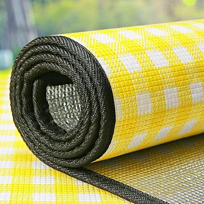 Waterproofs Foldable Picnic Mat - Thick Camping Blanket with Yellow Grid Pattern for Outdoor Activities Like Picnics Camping and Beach Trips