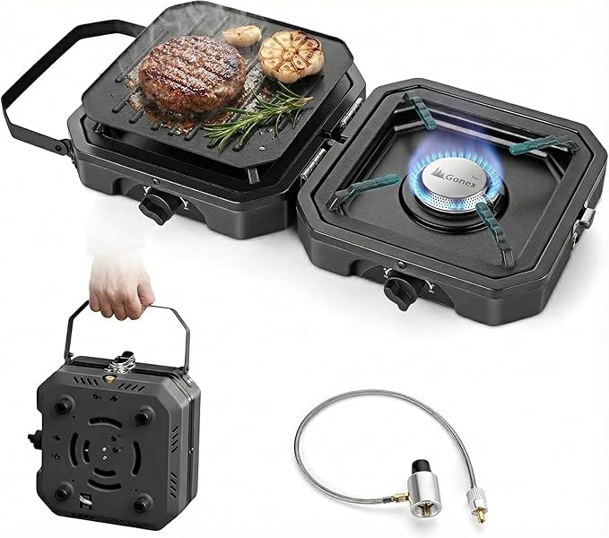 Gonex 2 Burner Propane Camping Stove with Griddle &amp Grates Portable Foldable Cooking Stove with Total 16000 BTU Two Piezo Ignition Adjustable Burners for Camping Patio Emergency Hiking (Blac