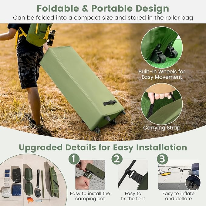 LDAILY Camping Tent Cot 5 in 1 Off Ground Elevated Tent with Air Mattress Sleeping Bag &amp Pillow Folding Camping Cot Combo with Carrying Bag for Outdoor Hiking RV Picnic Field Backyard (2 Per