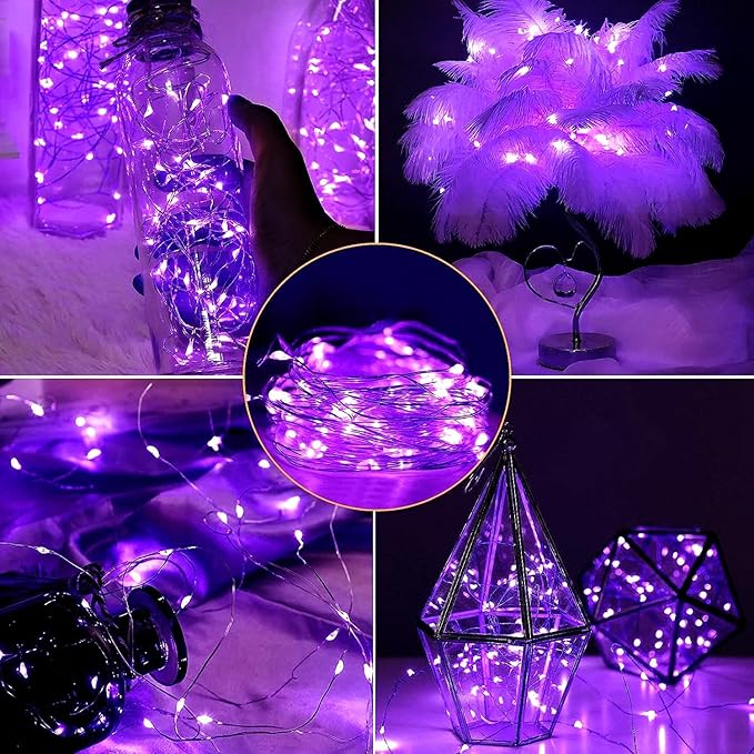 YEGUO 4 Pack Purple Solar Fairy Lights Each 33ft 100 LED Christmas Lights Outdoor Waterproof 8 Modes Sliver Wire Solar String Lights