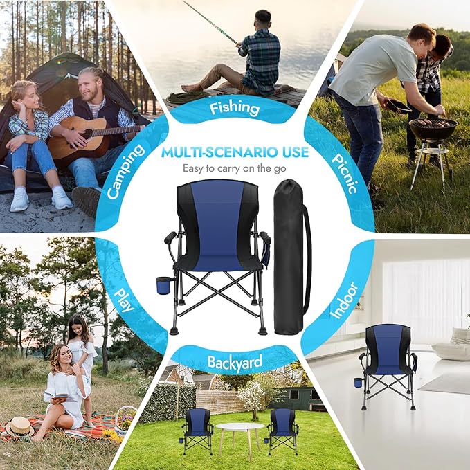 2 Pack Oversized Folding Camping Chair for Adults Supports 450 LBS Camping Chairs Heavy Duty Camping Chair with Side Pockets Foldable Outdoor Chair for Camping Beach Fishing Hiking Blue-Black